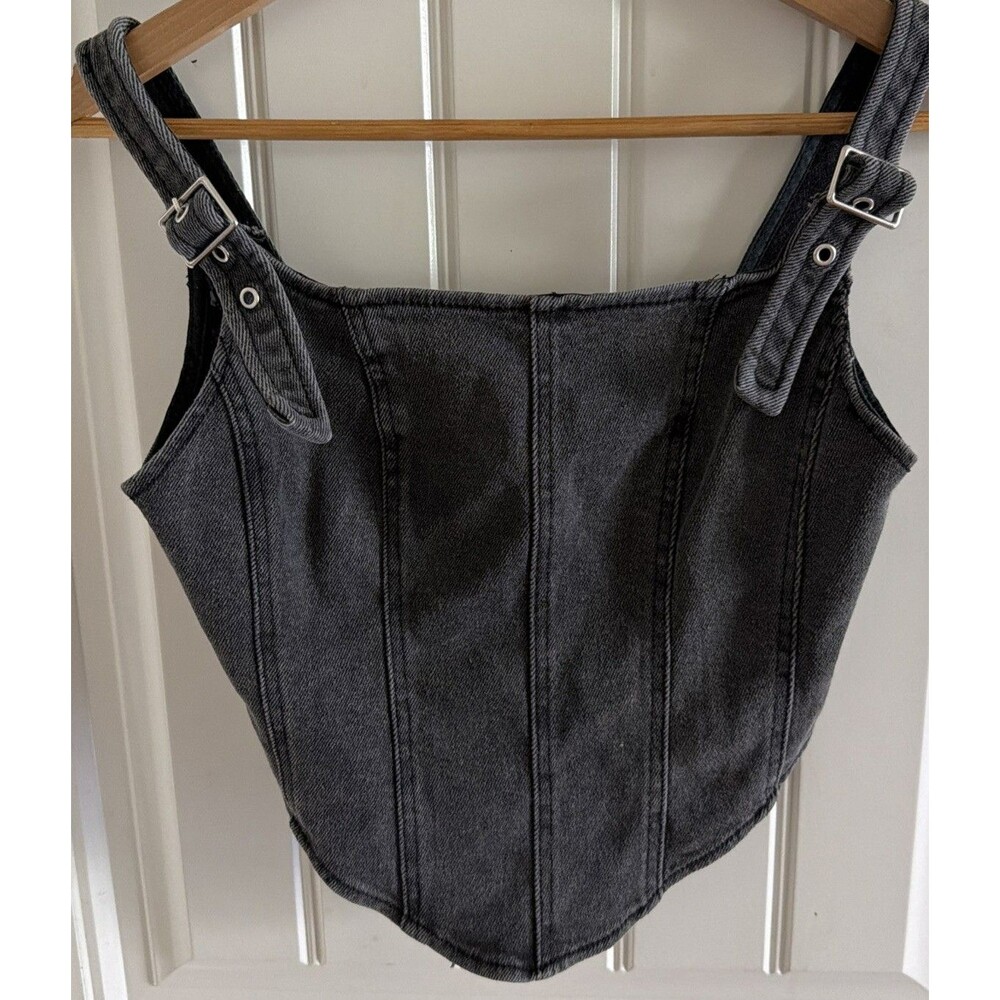 Black Denim Corset Top Zip Buckle Adjustable Straps Grunge Y2K XXS